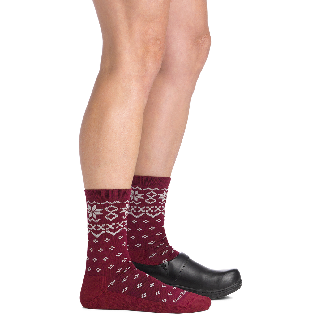on model image side view back foot in clog wearing the 6088 Shetland crew sock in burgundy colorway