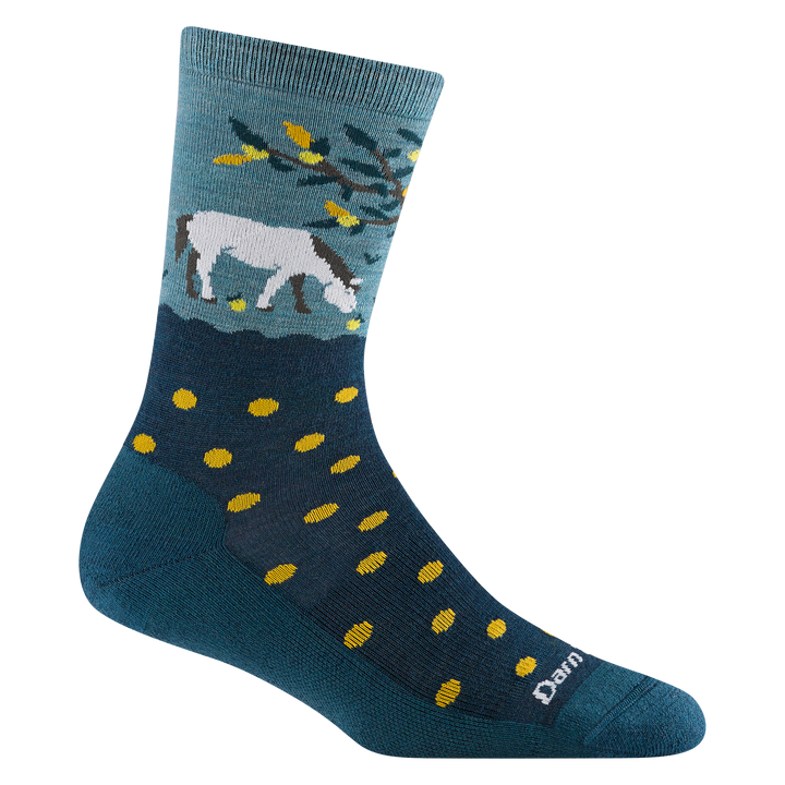 6105 women's wild life micro crew lifestyle sock in dark teal with a unicorn eating fruit off the ground
