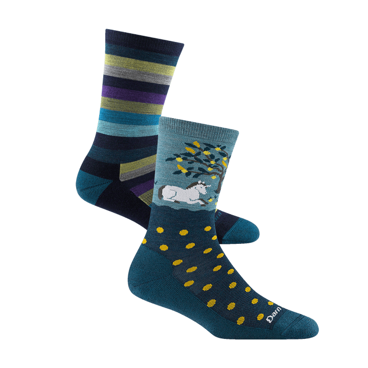 Two socks in shades of blue, one striped and one with polka dots and a unicorn