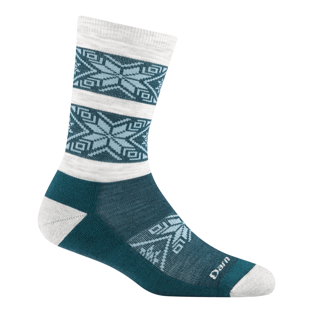 6129 Elsa crew sock in dark teal colorway featuring a teal body and drop pin design along the ankle and ash heel/toe and stripes