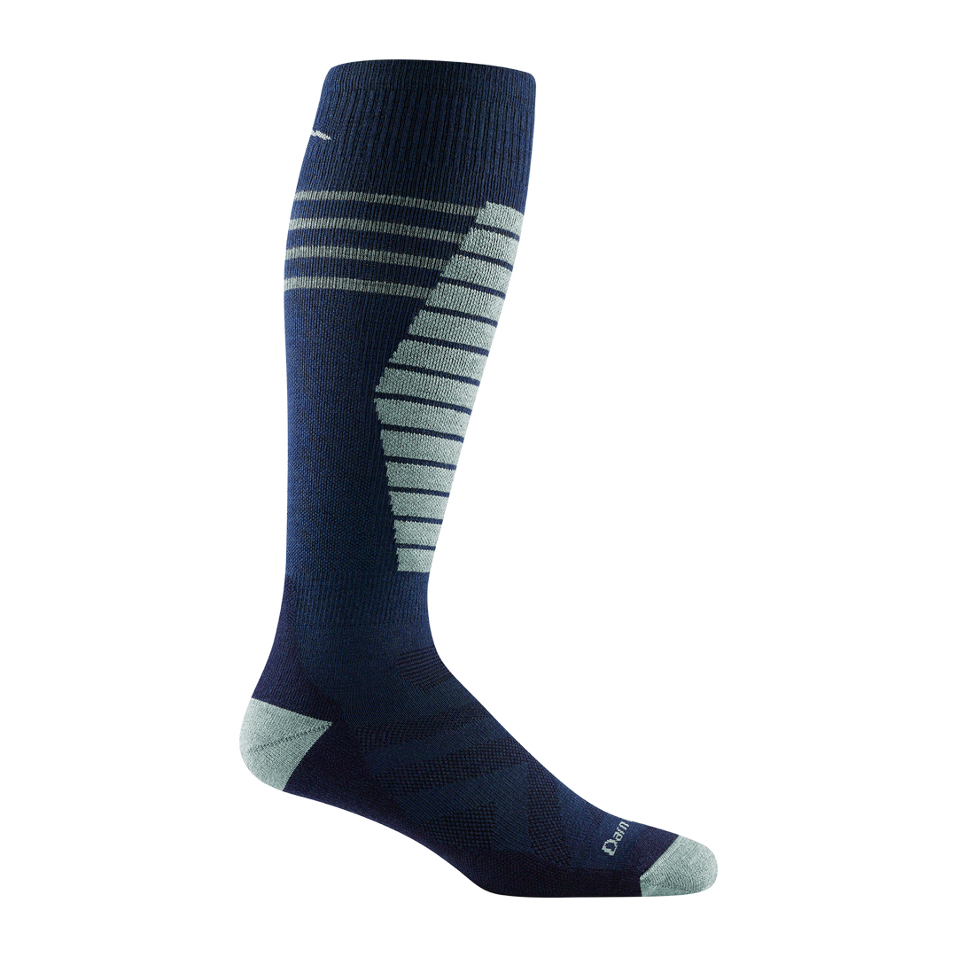 8007 men's edge over-the-calf ski sock in navy with light blue toe/heel accents and shin striping