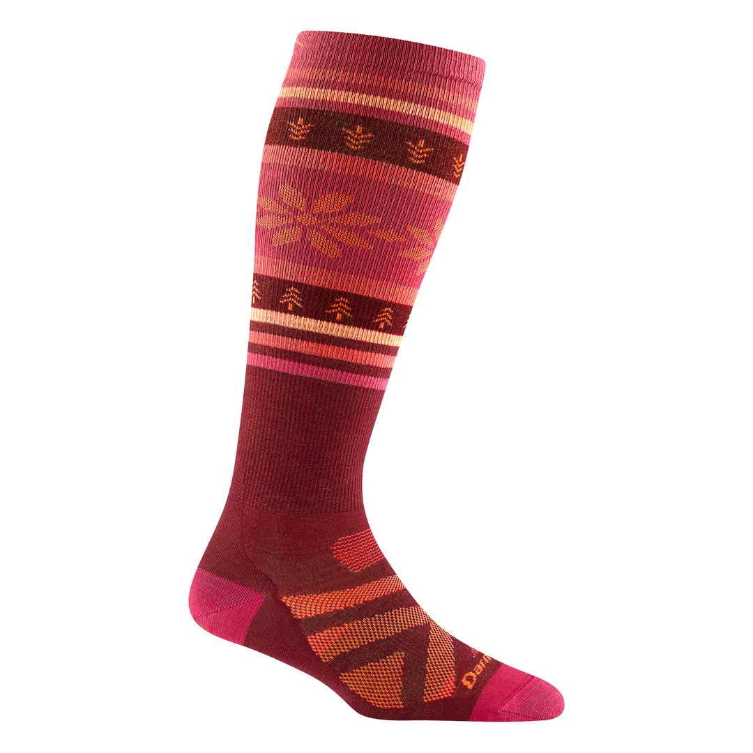 8021 women's alpine over-the-calf ski sock in color burgundy with coral accents and orange and pink calf striping