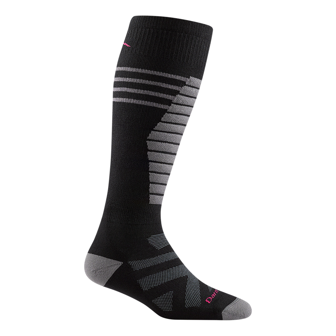 8030 women's thermolite edge over-the-calf ski sock in color black with gray toe/heel accents and gray striping on shin
