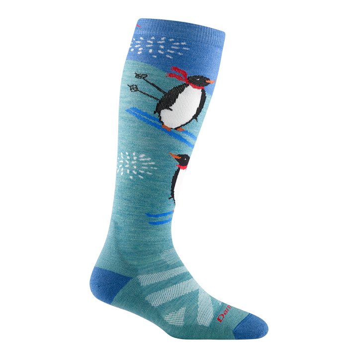 8037 women's penguin peak over-the-calf ski sock in color aqua with blue accents and skiing penguins design on shin