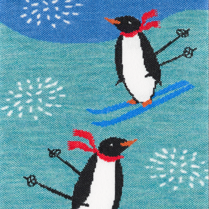 Call out detail image of the of the 8037 aqua front image of penguins skiing