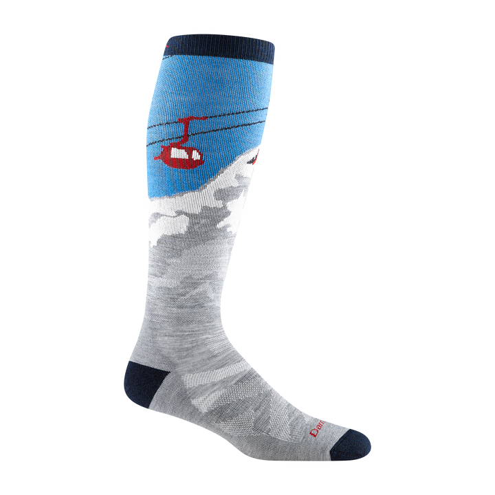 8043 Heady Yeti Ski and snowboard sock in gray with black toe/heel and gondola scene up the leg.