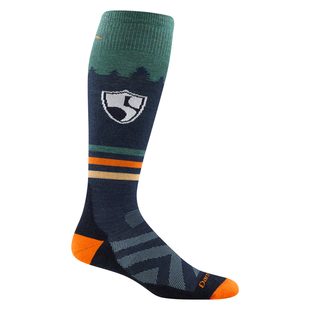 Reverse product image of 8055 High Fives sock in Eclipse colorway featuring dark blue body with yellow, orange, and green stripes with orange heel and toe accents and High Fives Foundation logo on the calf of the sock.