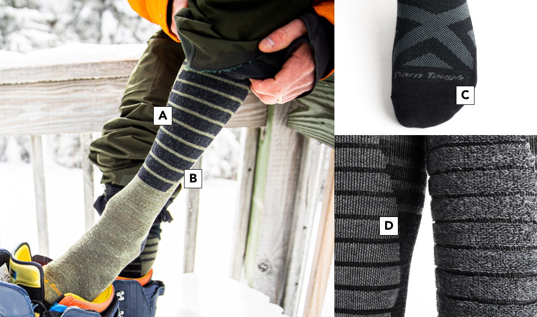Closeup look at our socks for skiing and snowboarding with the features and benefits called out