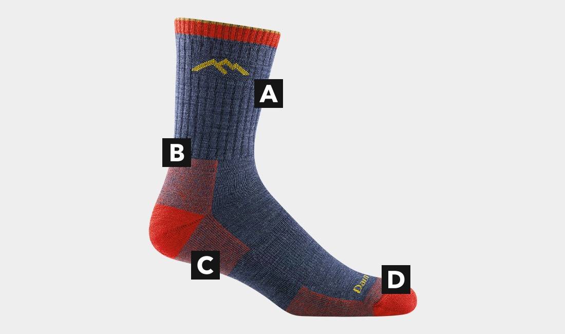 Darn tough 1466 hiking sock with features called out showing why they're the best socks for hiking