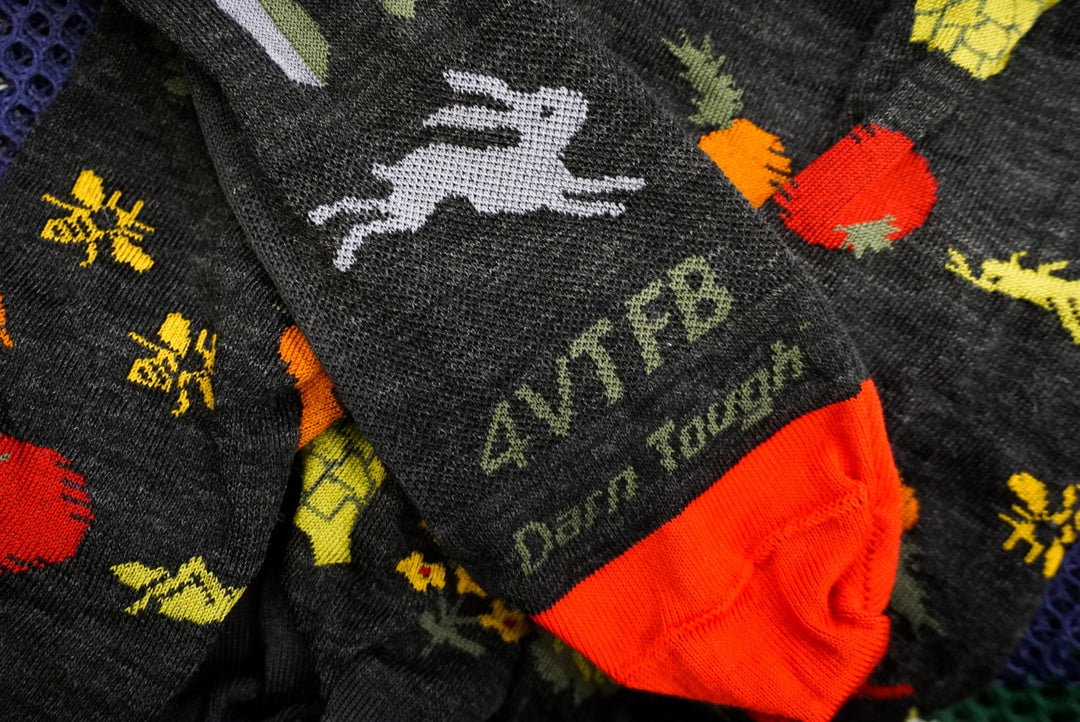 Closeup of socks that were knit to support the Vermont Foodbank