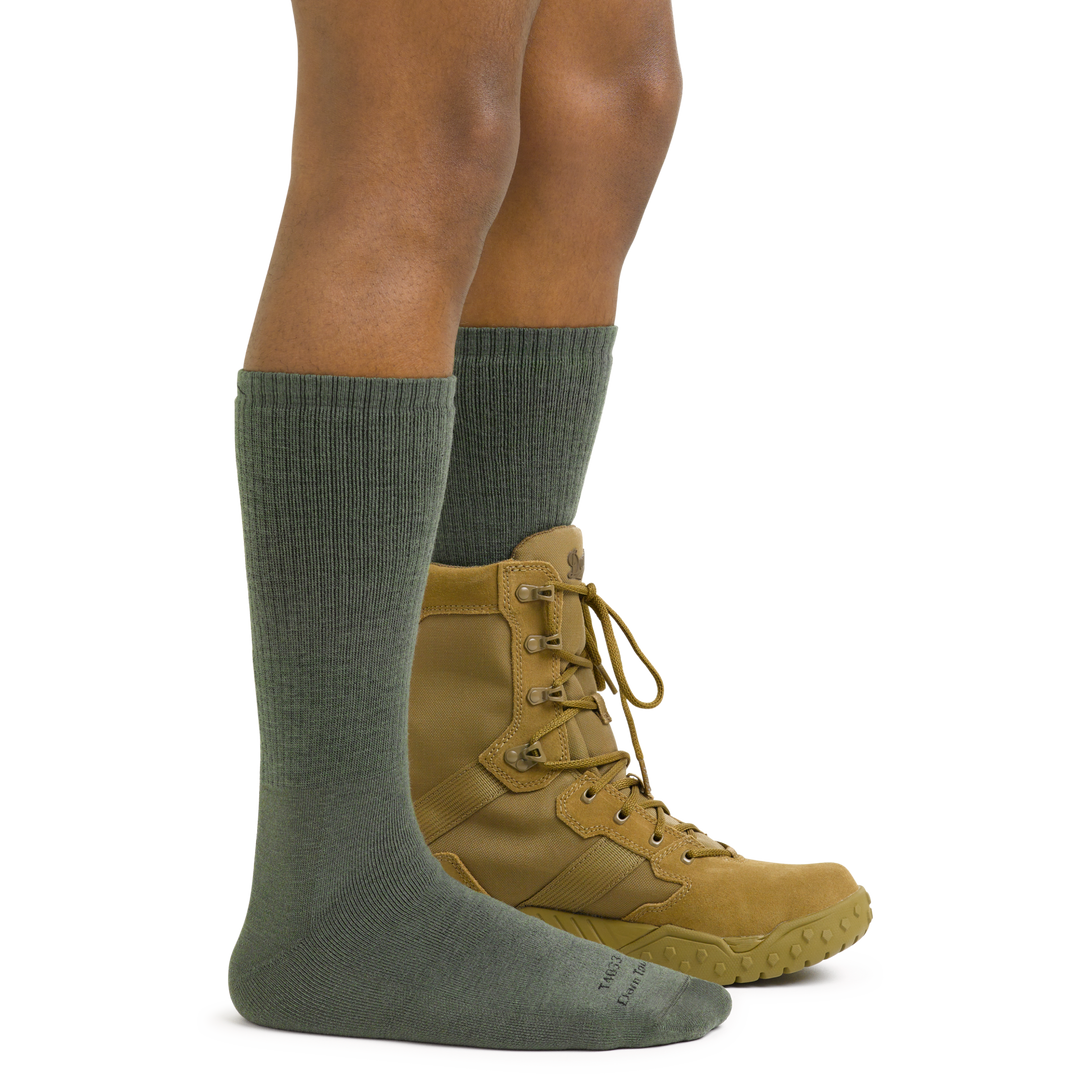 T4033 green tactical socks on foot with combat boots