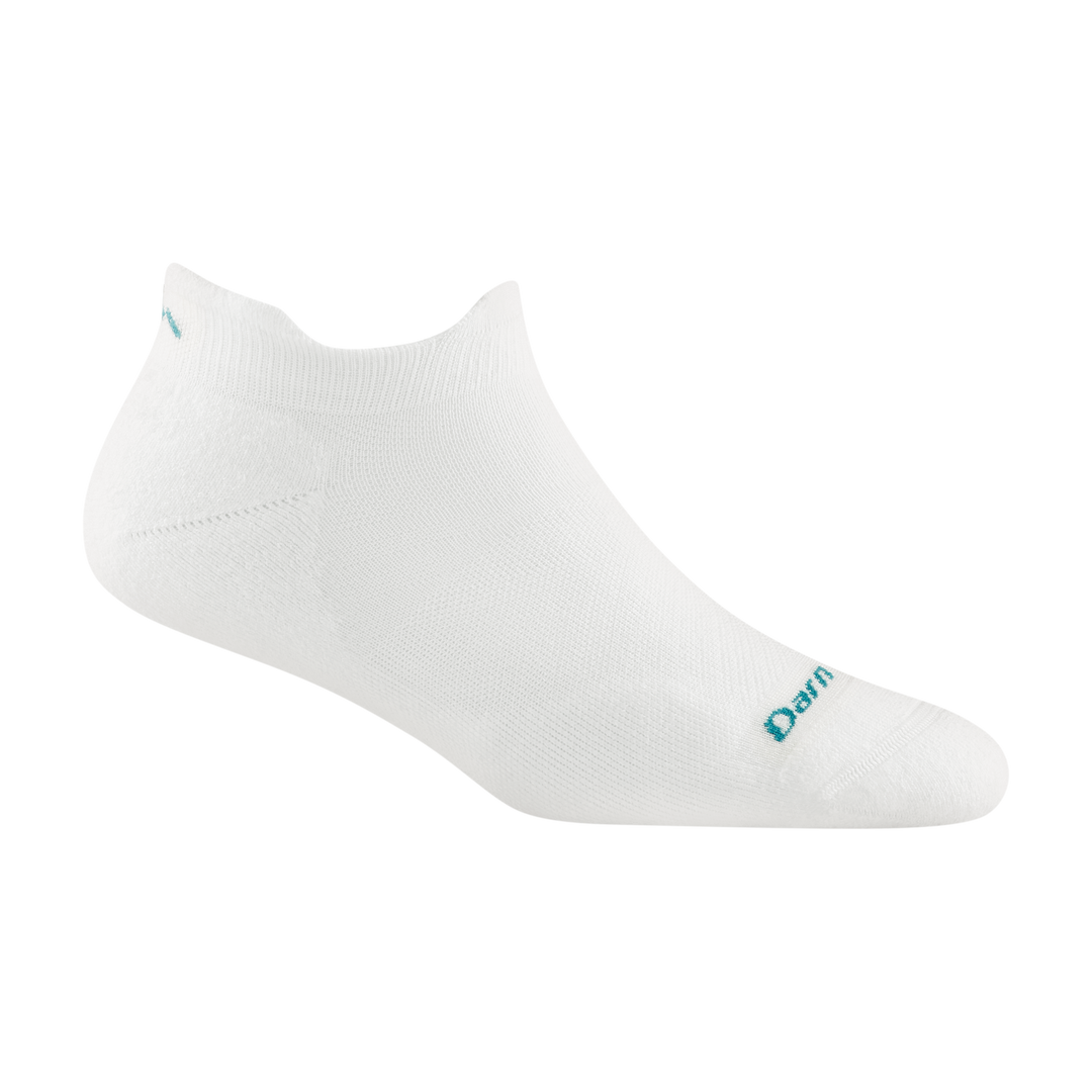 Studio shot of no show tab cushion running sock in white.