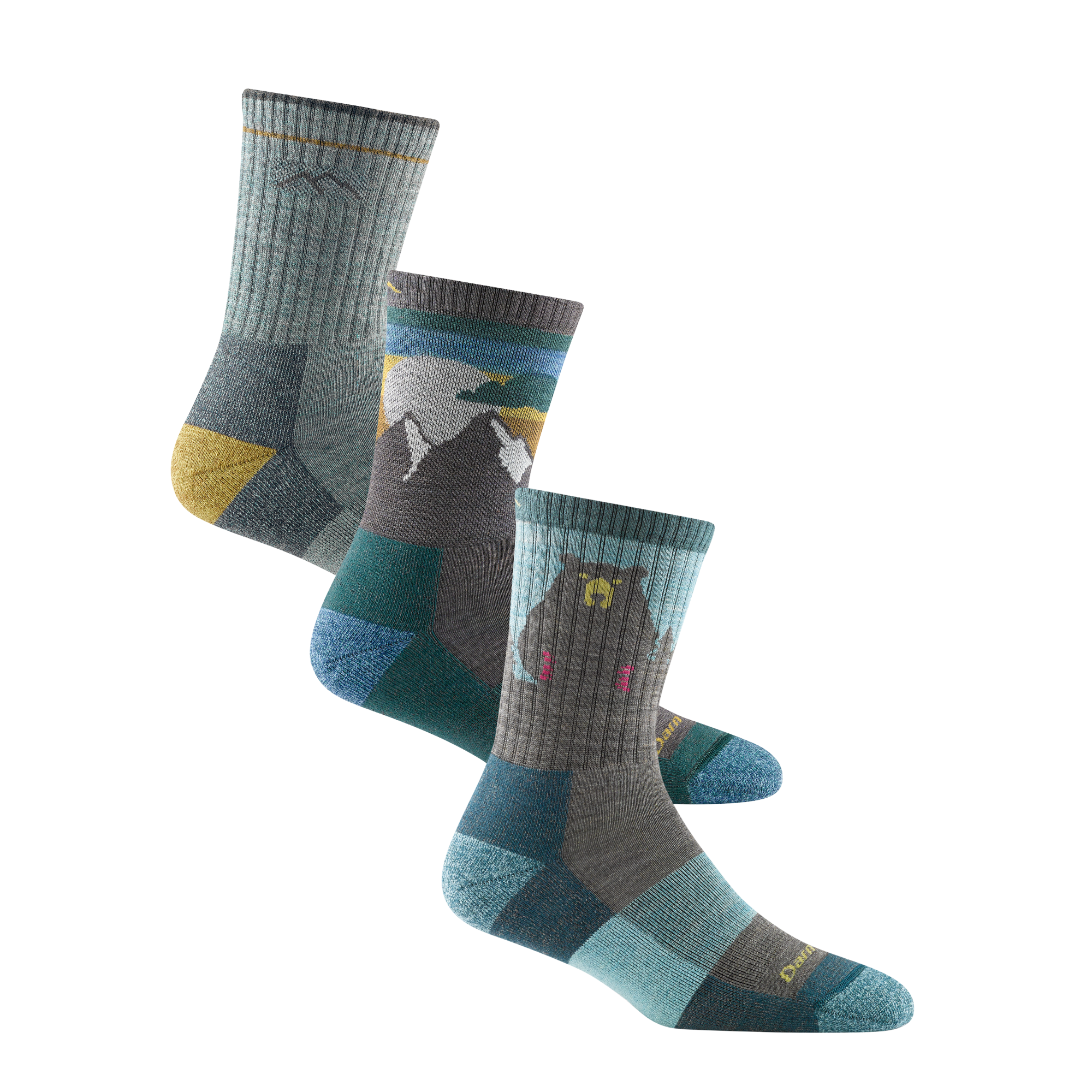 Studio shot of the Sage/Aqua bundle which features the Women'sHiker Midweight in Sage, Sunset Ledge in Taupe, and Bear Town in Aqua