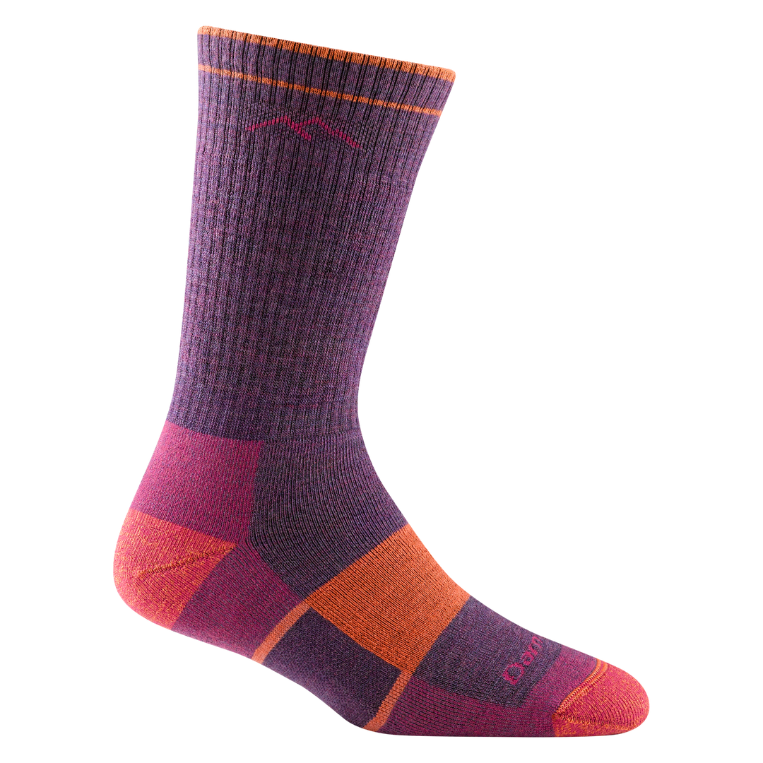 1908 women's hiking boot sock in color plum heather with coral toe/heel accents and orange color block on forefoot