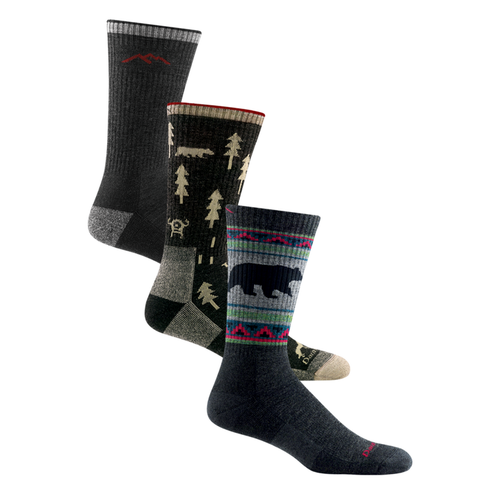 3 pack bundle shot of the men's boot hiking sock in black, the ABC boot hiking sock in black and the vangrizzle boot hiking sock in charcoal