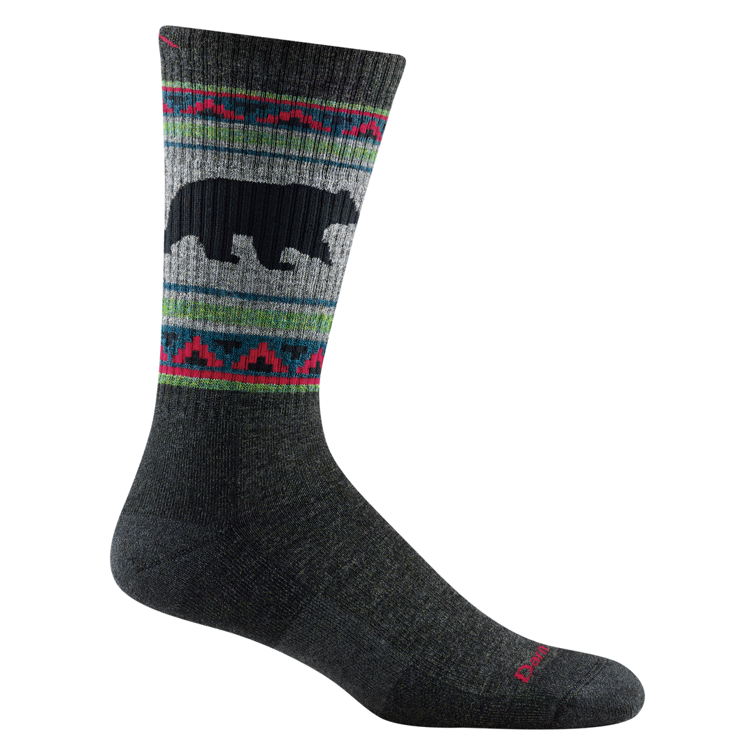 1980 men's vangrizzle boot hiking sock in color charcoal with green, blue and red striping around calf and black bear design