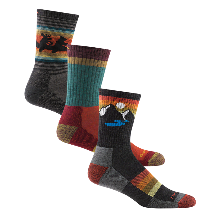 3 pack bundle shot of men's willoughby hiking sock in taupe, men's sunset ridge micro crew hiking sock in charcoal, and the men's heady stripe micro crew hiking sock in teal