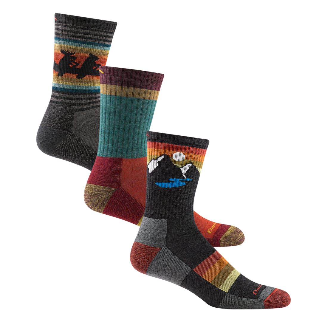 3 pack bundle shot of men's willoughby hiking sock in taupe, men's sunset ridge micro crew hiking sock in charcoal, and the men's heady stripe micro crew hiking sock in teal