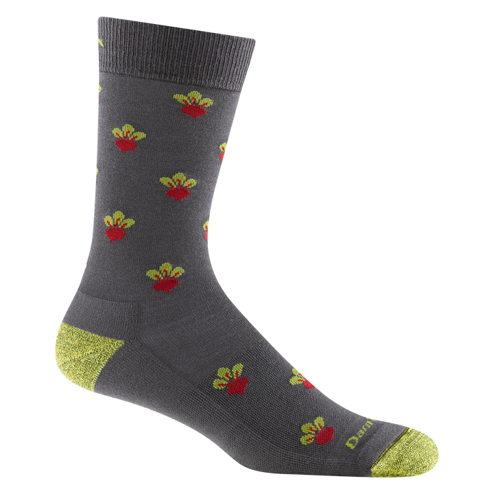 6206 men's beets crew lifestyle sock in graphite with yellow toe/heel accents and red and green beet details