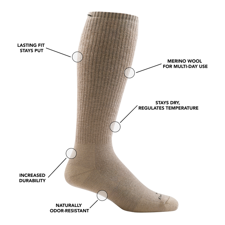 Image of T4050 Tactical Over the Calf Sock in Desert Tan calling out all of the features of the sock