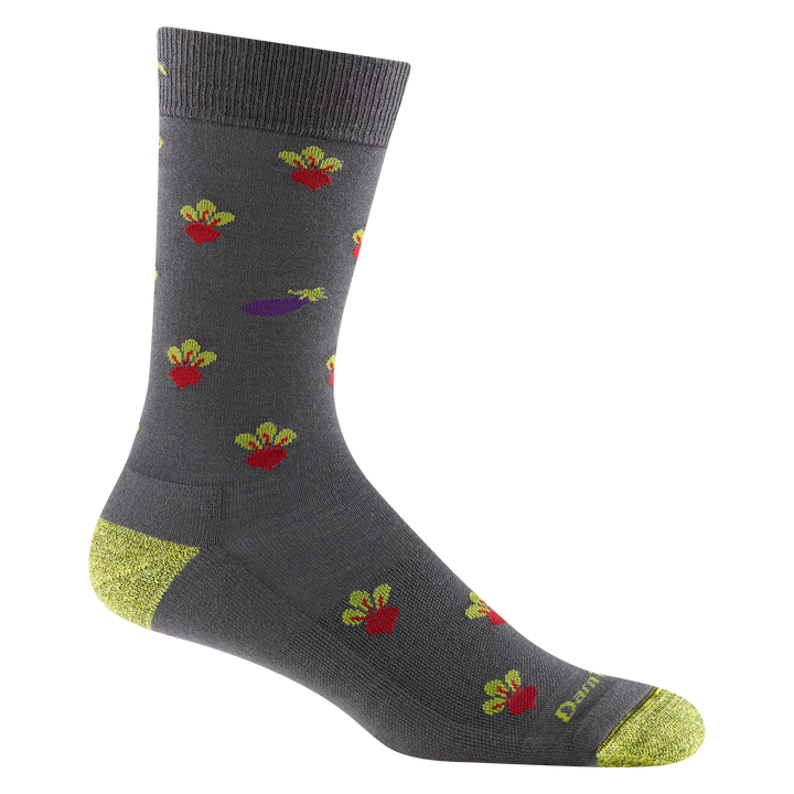 Reverse side of the men's beets crew lifestyle sock in graphite with purple eggplant detail and yellow darn tough signature