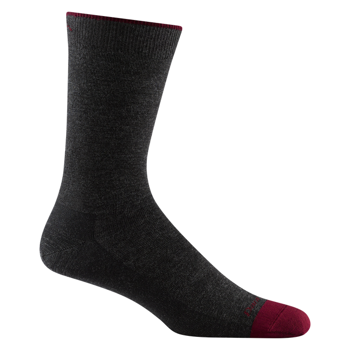 6032 men's solid crew lifestyle sock in color charcoal with burgundy toe accent and darn tough signature on forefoot