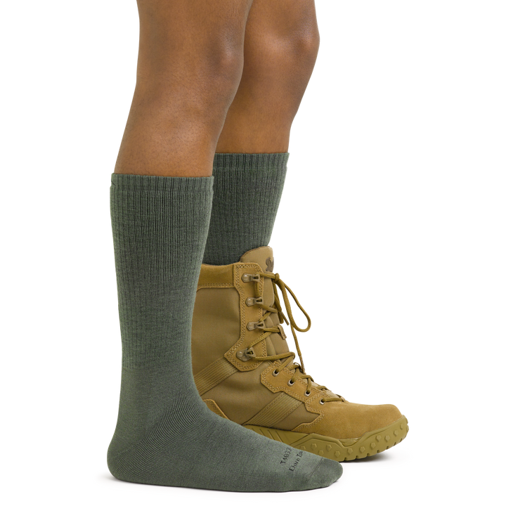 T4033 green tactical socks on foot with combat boots