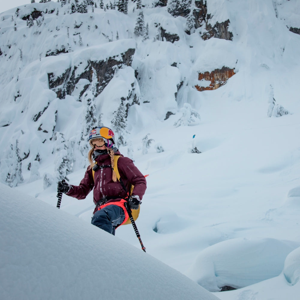 Pro skier Michelle Parker skinning up to do some backcountry skiing