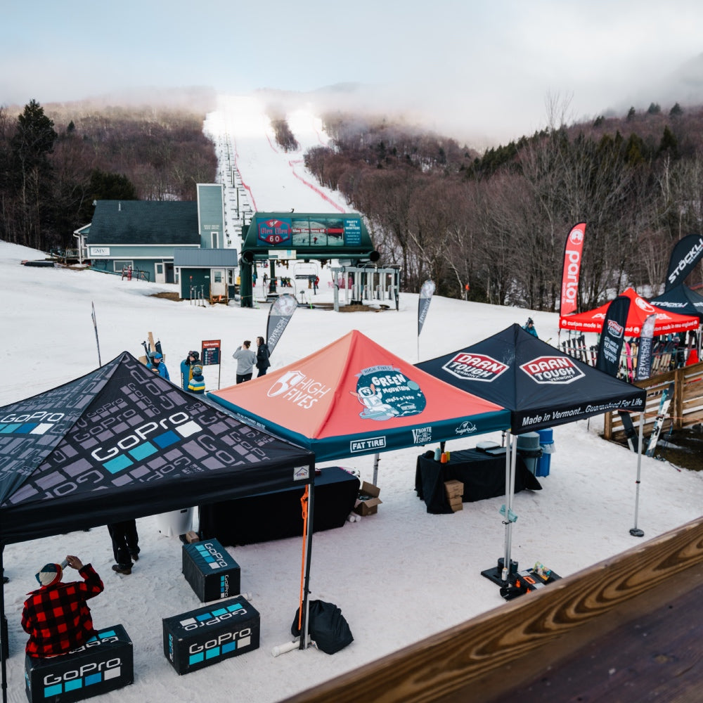 A view of the shred-a-thon from above, with the vendor tents and mountain ski slope
