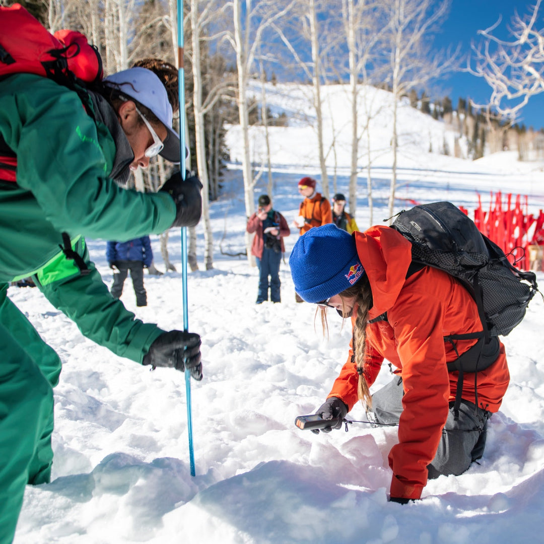 Pro skier Michelle Parker demonstrating a technique at SAFE AS avalanche training course
