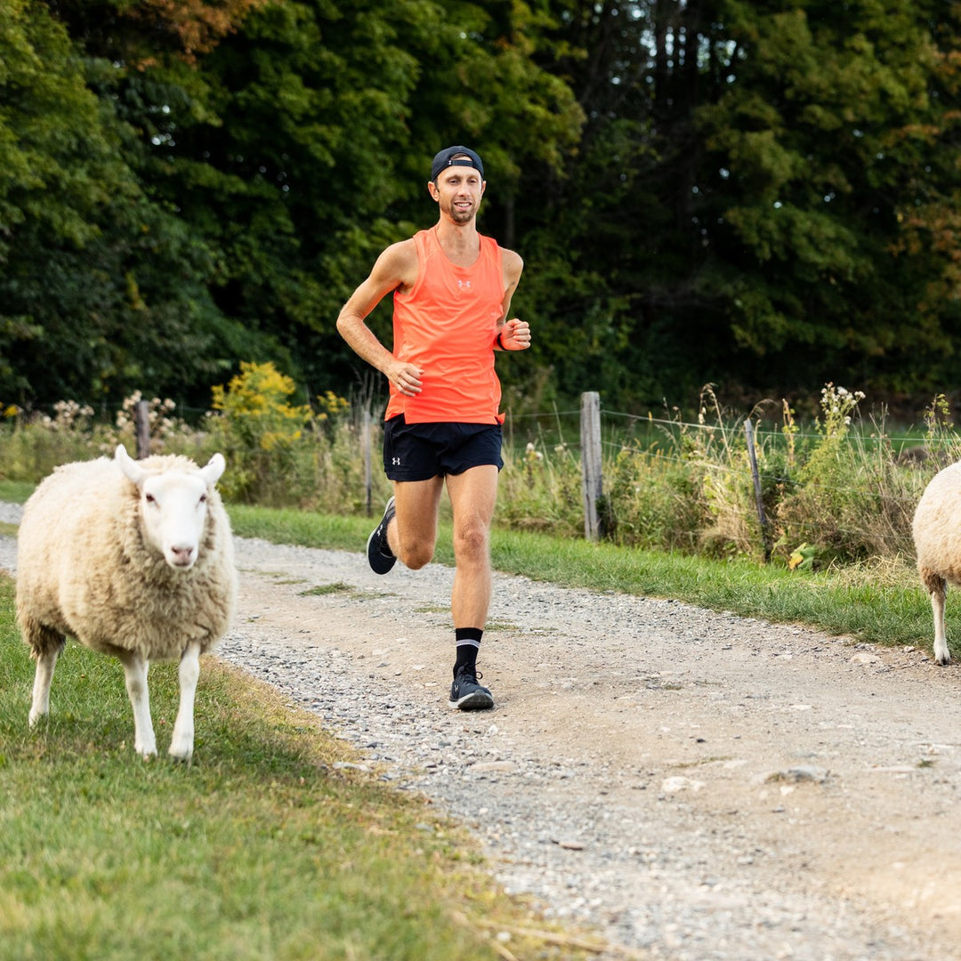 Man running past some merino wool sheep while wearing merino wool socks, all part of the history