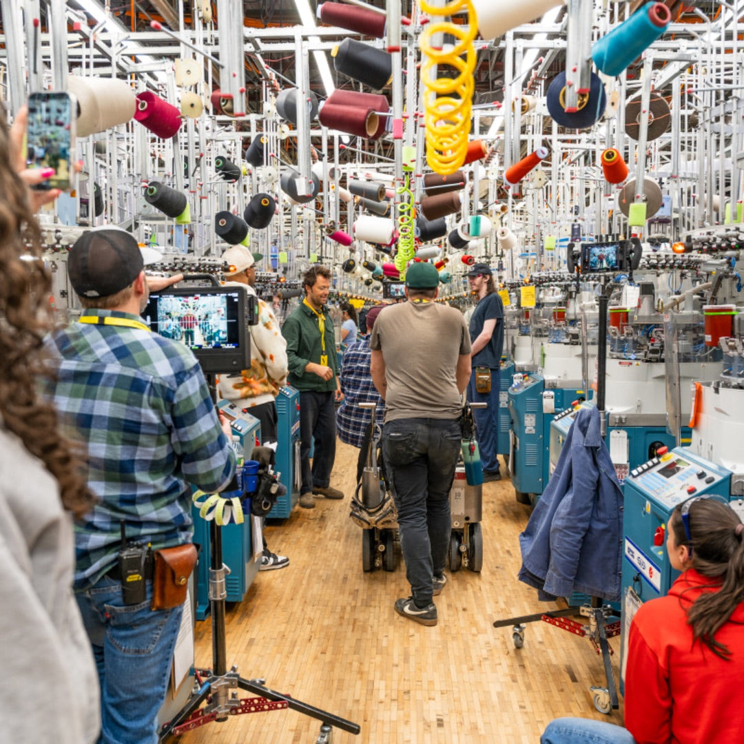 Production set for Darn Tough brand campaign video set up in the mill in Northfield, Vermont.