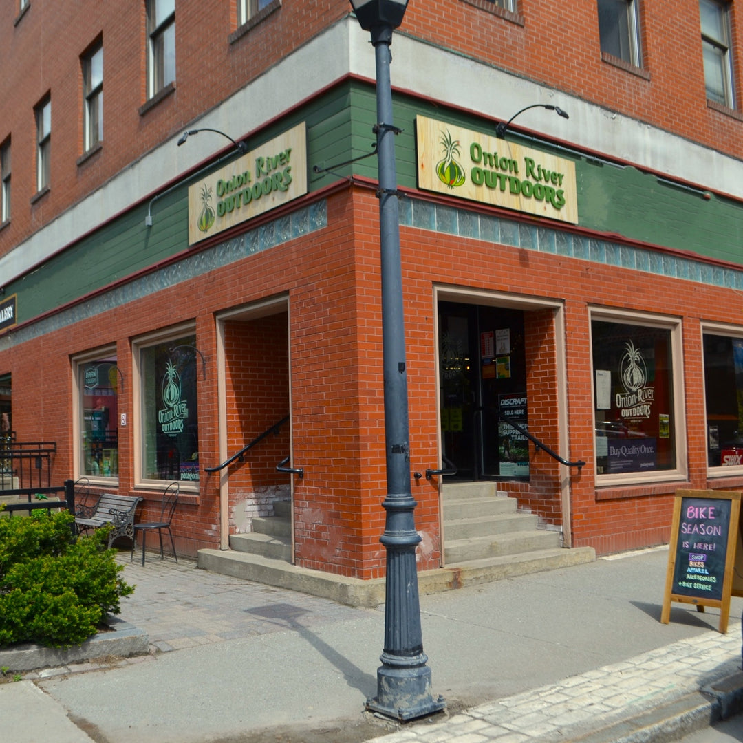 Exterior view of the main entrance of Onion River Outdoors store in Vermont