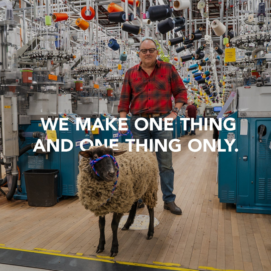 We make one thing and one thing only. Founder Ric Cabot standing in the Mill with a sheep