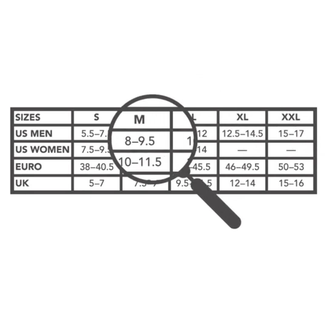 A magnifying glass looking over a sock size chart to find the right fit.