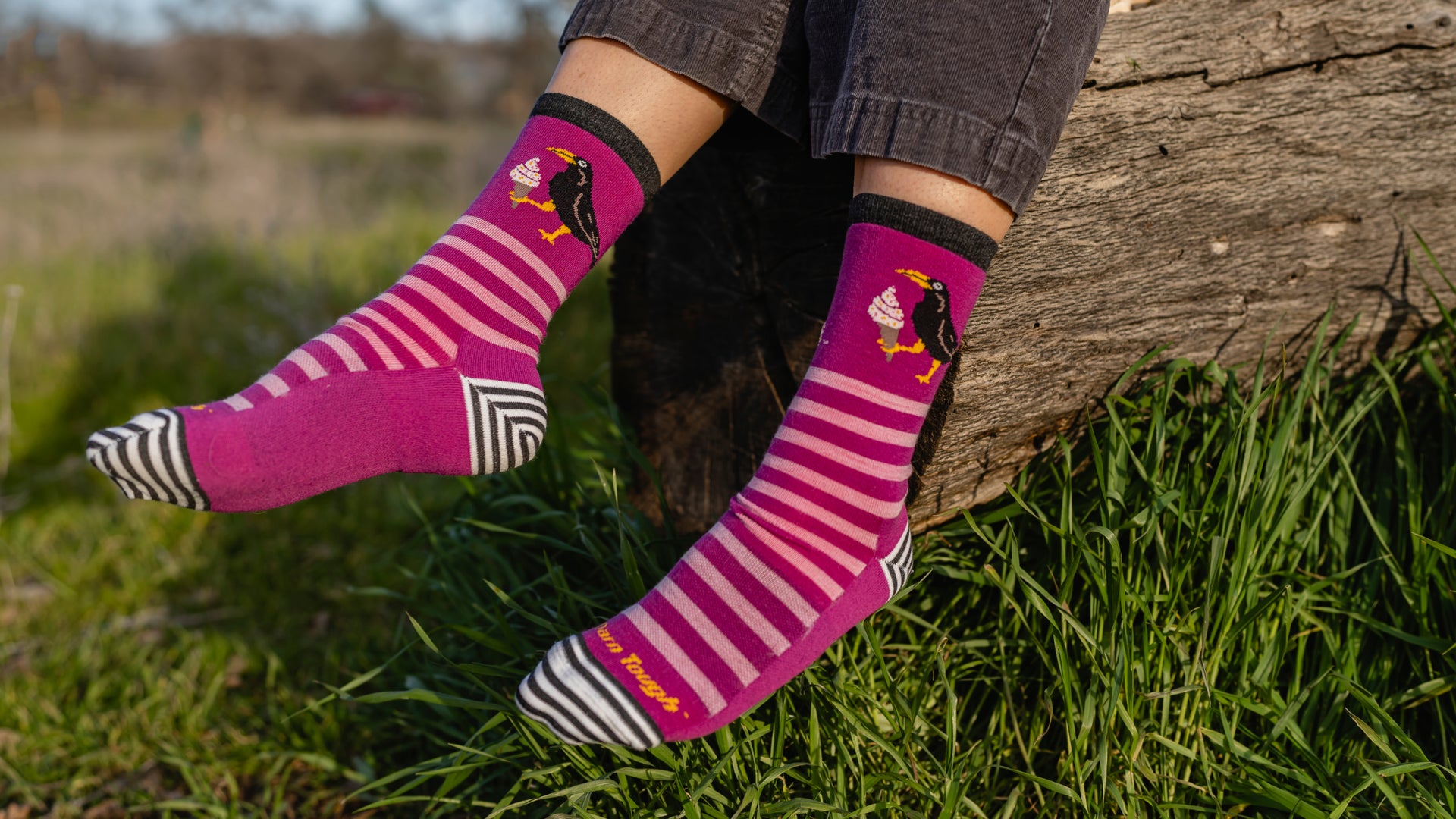 Close up shot of model wearing 6037 Women's Animal Haus Crew Lightweight Lifestyle Sock in Clover colorway