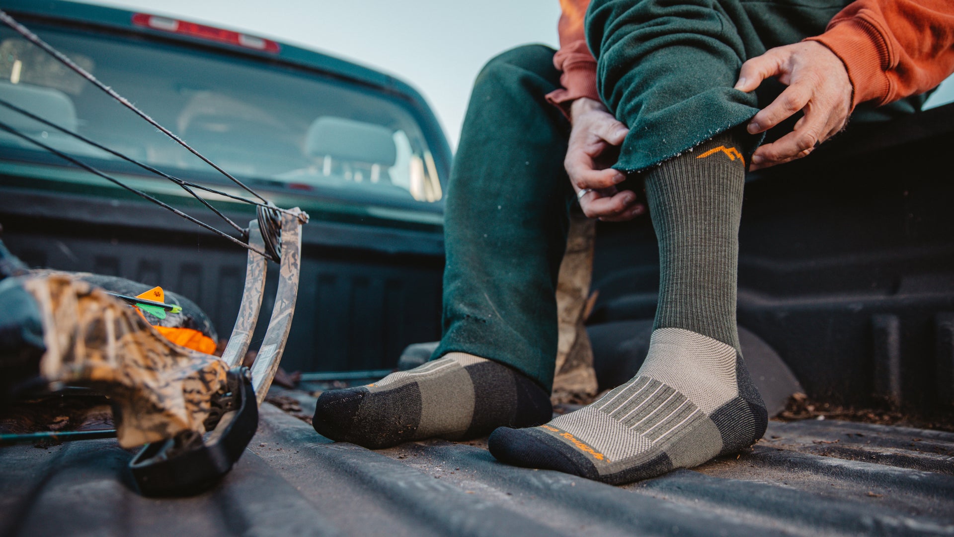 Close up on model Featuring our Men's Lightweight Hunting Boot sock
