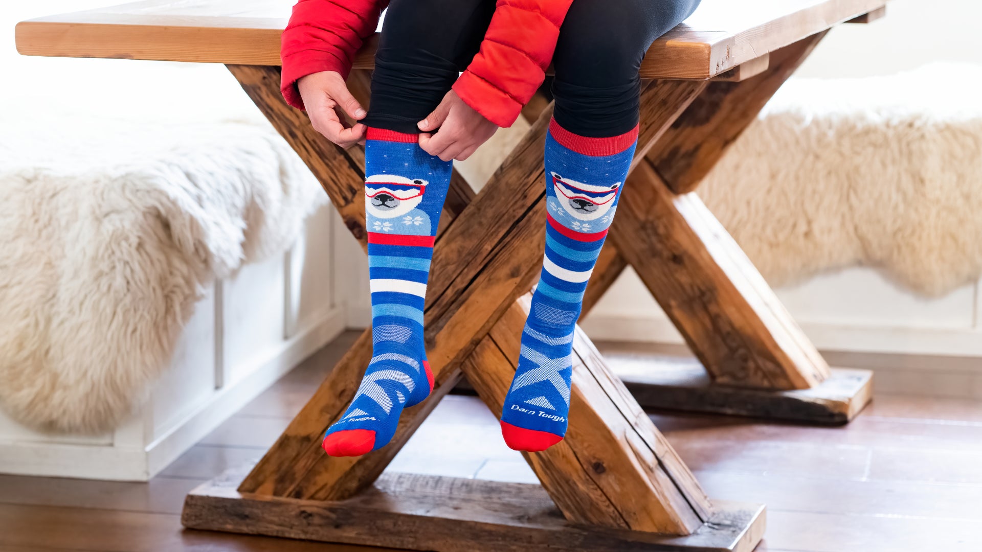 Close up on model featuring the Kids Polar Patroller Over the calf sock