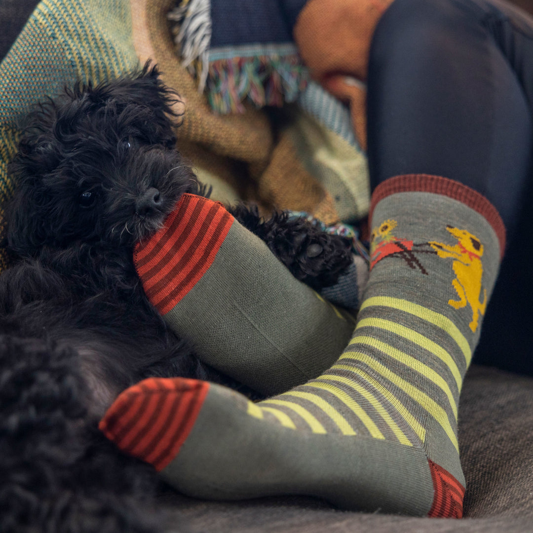 Close up shot of model laying on couch with black dog wearing the women's animal haus crew lifestyle sock in herb green