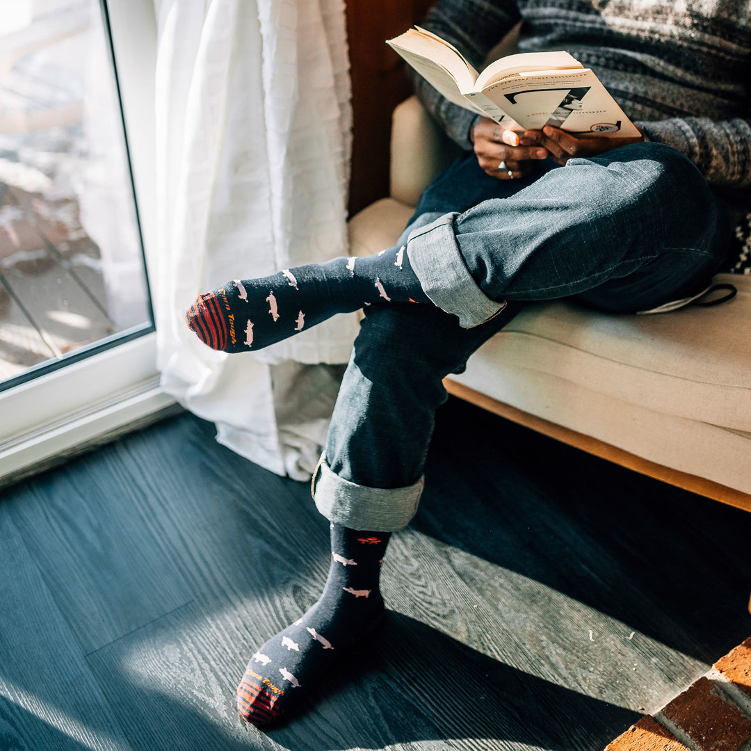 Model sitting on a white chair inside reading a book wearing men's truffle hog crew lifestyle sock in navy blue