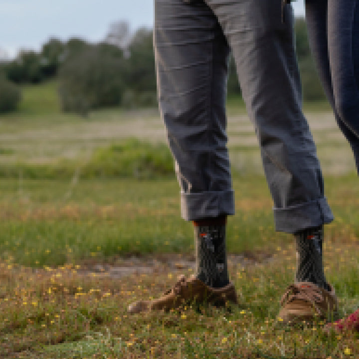 Model standing in meadow wearing cuffed gray pants, 6111 socks in Forest colorway and brown sneakers