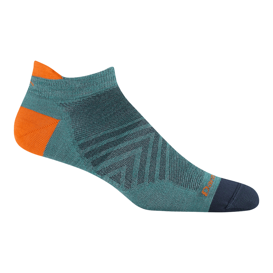 1033 men's no show tab running sock in color aqua with blue/green body Black toe and orange heel/tab/logo