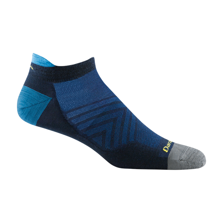 1033 men's no show tab running sock in navy with gray toe, blue accents and yellow darn tough signature on forefoot