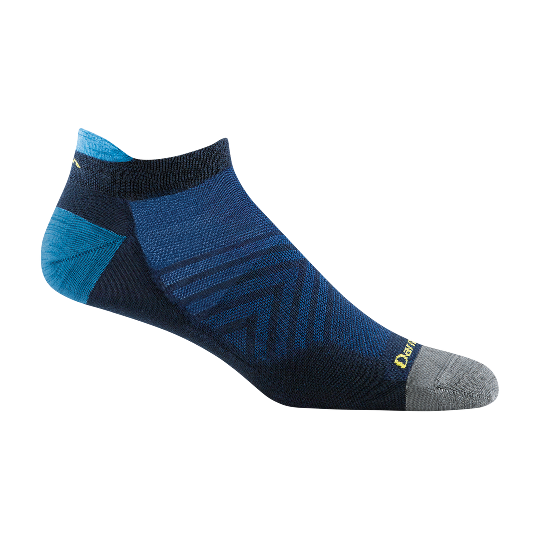 1033 men's no show tab running sock in navy with gray toe, blue accents and yellow darn tough signature on forefoot