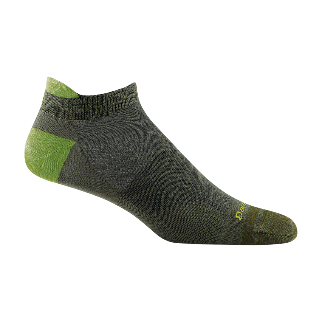 1033 men's no show tab running sock in olive green with light green heel/tab accents and yellow darn tough signature