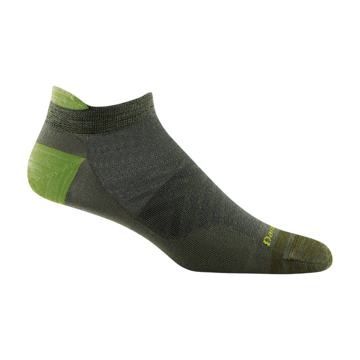 1033 men's no show tab running sock in olive green with light green heel/tab accents and yellow darn tough signature