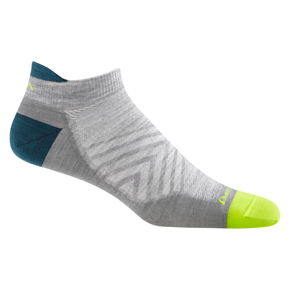 1033 men's no show tab running sock in gray with green toe and teal heel and tab accents