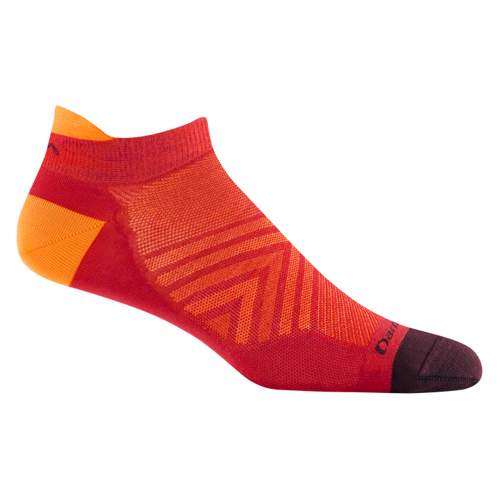 1033 men's no show tab running sock in race red with maroon toe and yellow heel and tab accents