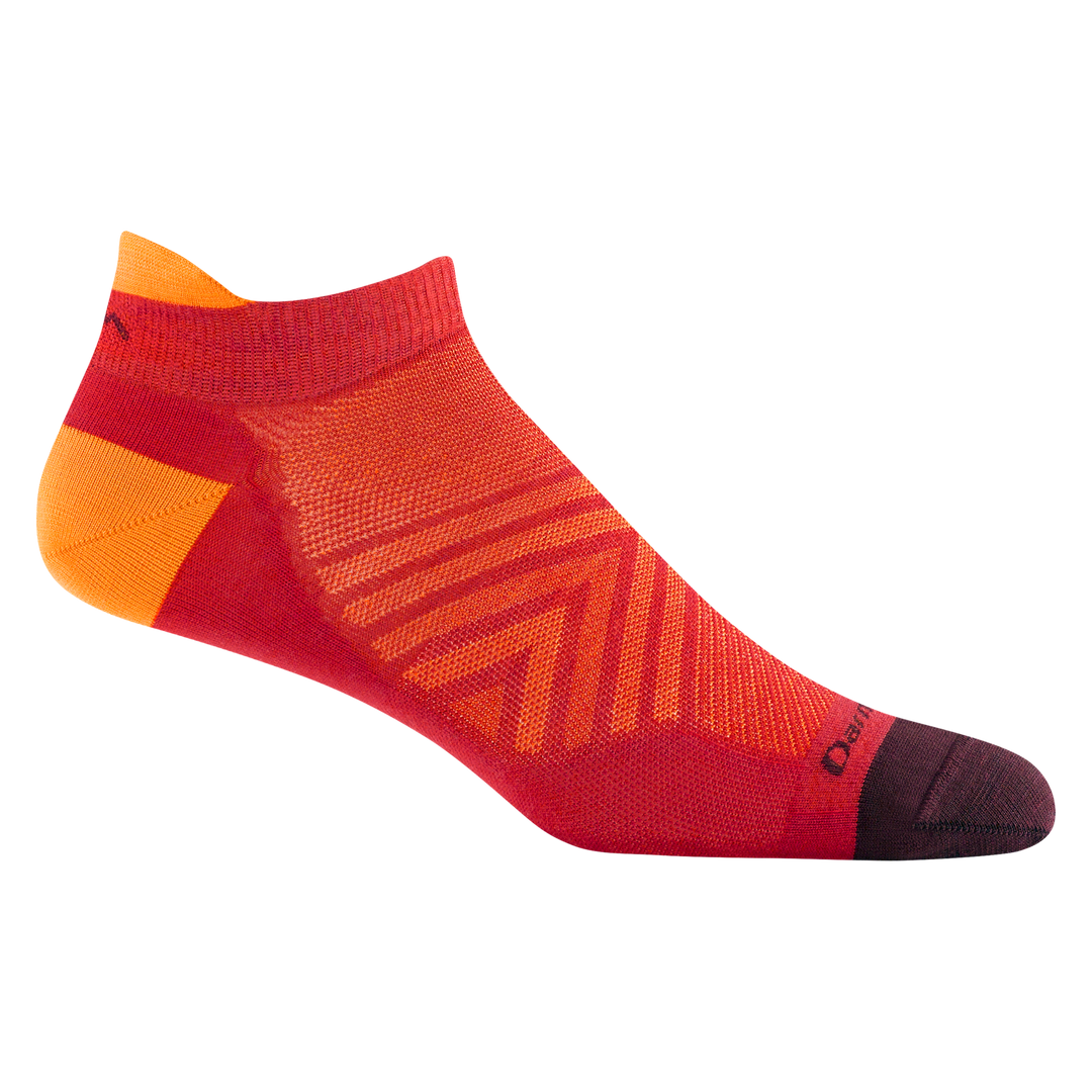  1033 men's no show tab running sock in race red with maroon toe and yellow heel and tab accents