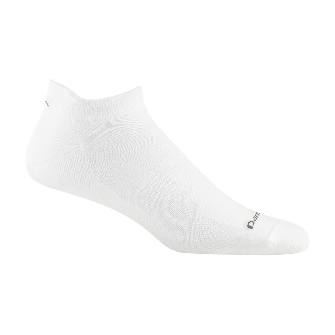 1033 men's no show tab running sock in color white with dark gray darn tough signature on forefoot